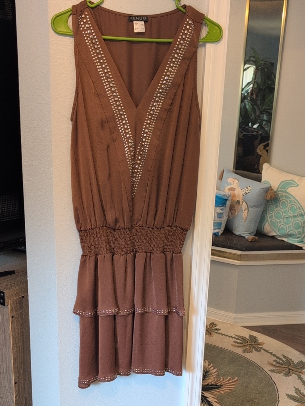 VENUS Brown Sleeveless V-Neck Tiered Dress with Stud Trim Great Condition
